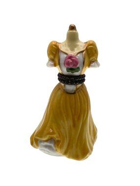 Porcelain Colonial Yellow Dress Trinket Box Hinged Lid Hand-Painted Rose